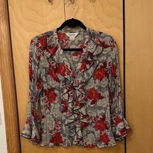 Allison Taylor Red and Black Floral Ruffle Blouse